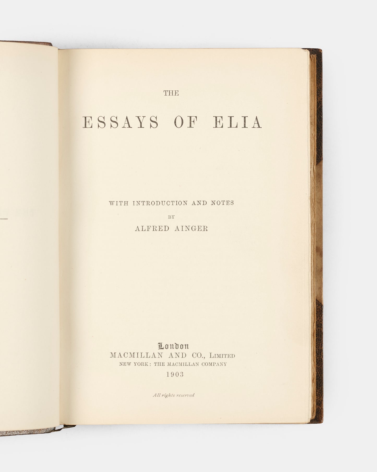 A finely bound copy of Charles Lamb's The Essays of Elia, a handsome collection of one of England's greatest prose stylists. 