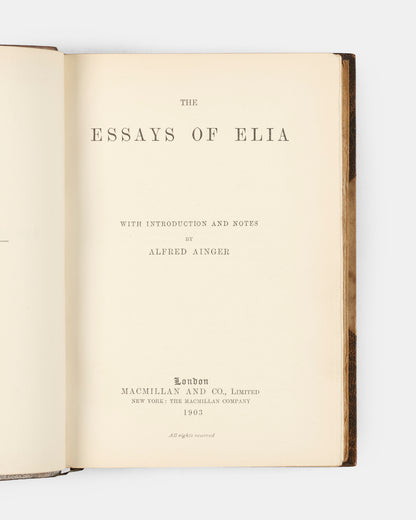 A finely bound copy of Charles Lamb's The Essays of Elia, a handsome collection of one of England's greatest prose stylists. 