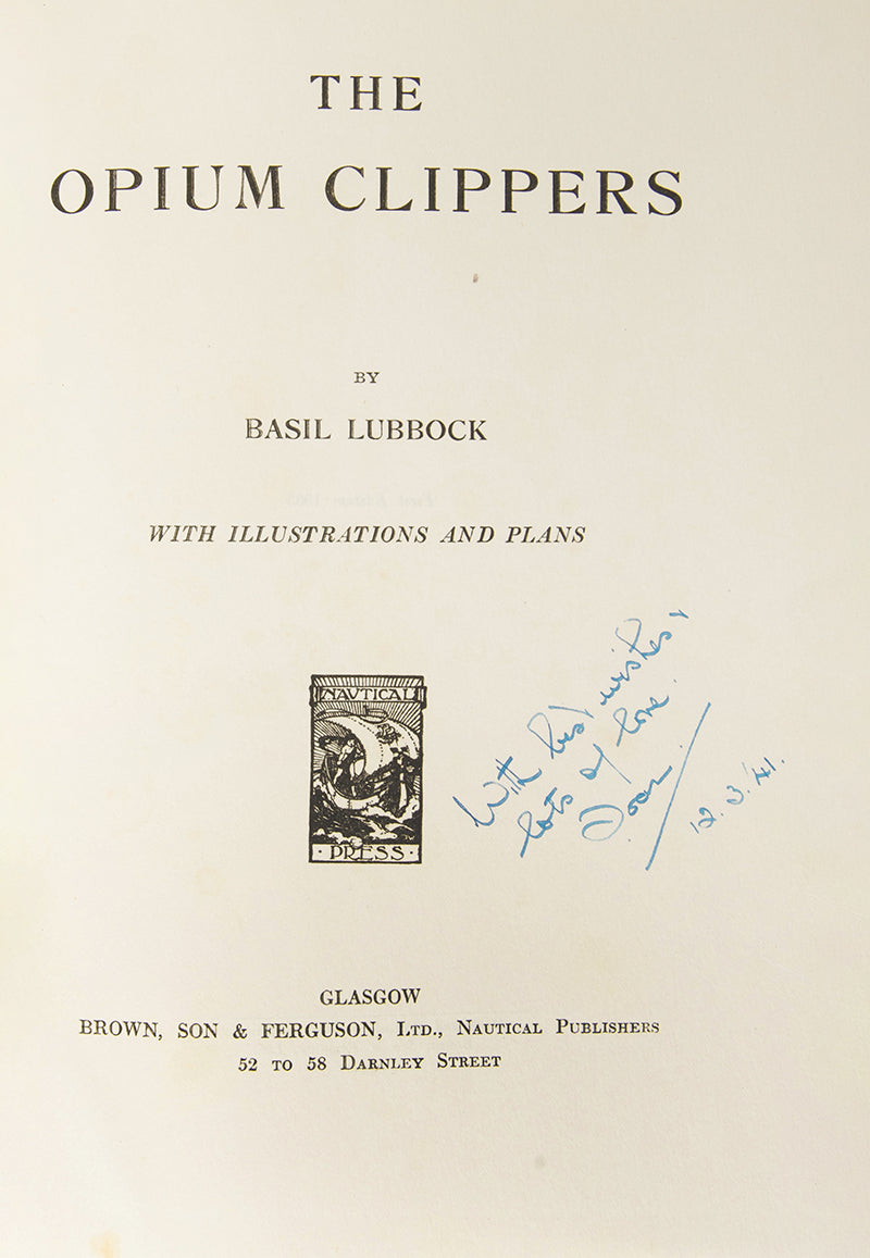 First edition of The Opium Clippers by Basil Lubbock, in the scarce duist-jacket which has preserved the lavish binding in lovely condition.