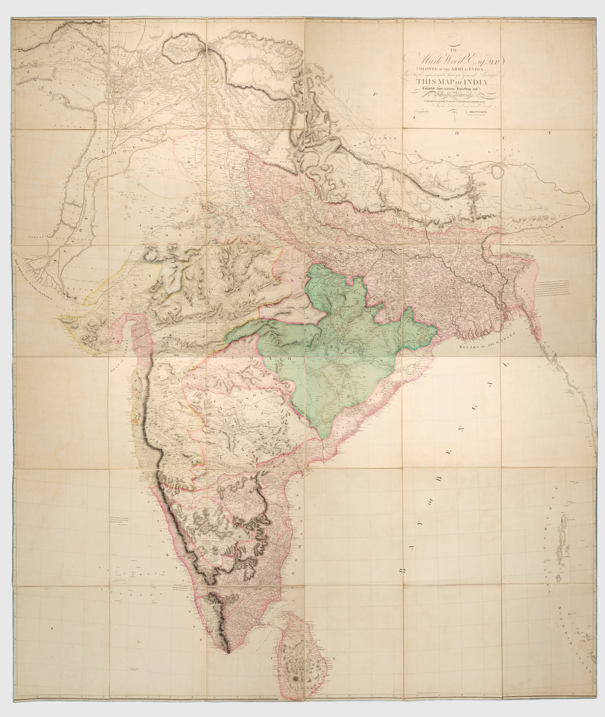 Arrowsmith's Map of India of 1804, dedicated to Mark Wood, showing British India following the defeat of Tipu Sultan and the conquest of Mysore.