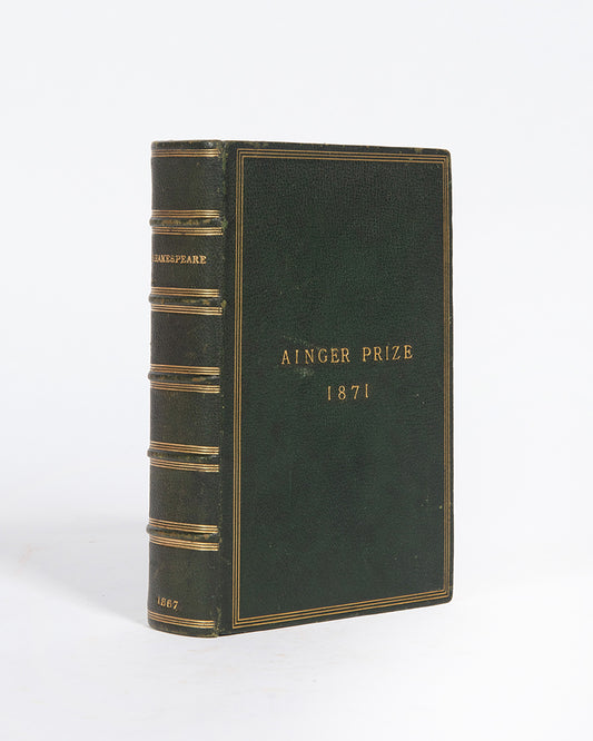 An ornamented copy of The Works of William Shakespeare, specially bound for the Hampstead Parochial School for the Ainger Prize in 1871. 