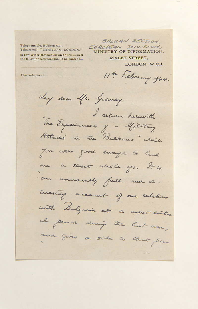 First edition of The Experiences of a Military Attaché in the Balkans by H. D. Napier, with signed letters by the author and another from the Balkan MOI during WWII.