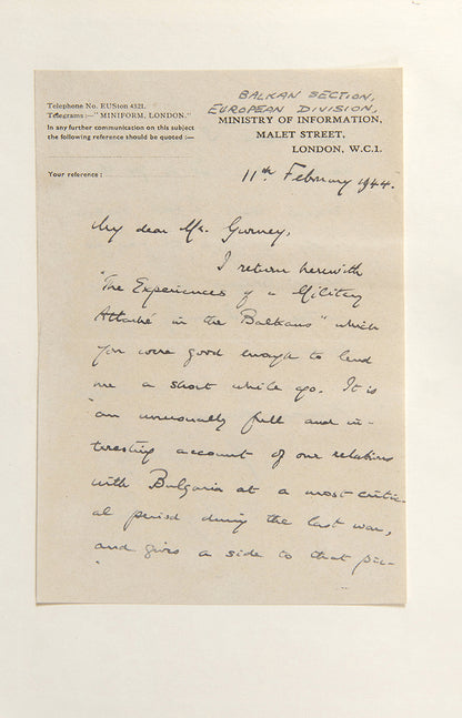 First edition of The Experiences of a Military Attaché in the Balkans by H. D. Napier, with signed letters by the author and another from the Balkan MOI during WWII.