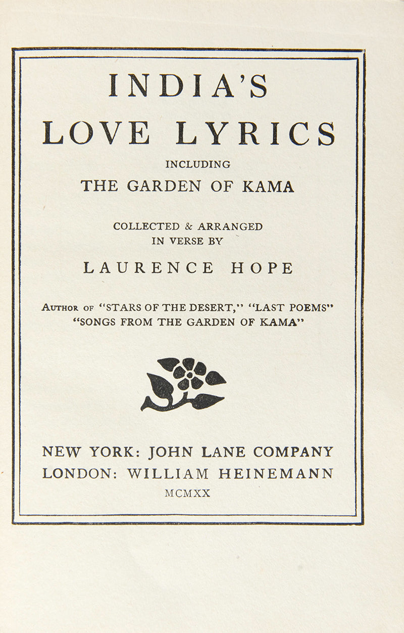 Presented as a translation and arrangement of existing Indian love poetry, these poems were later revealed to be original works by Laurence Hope. 