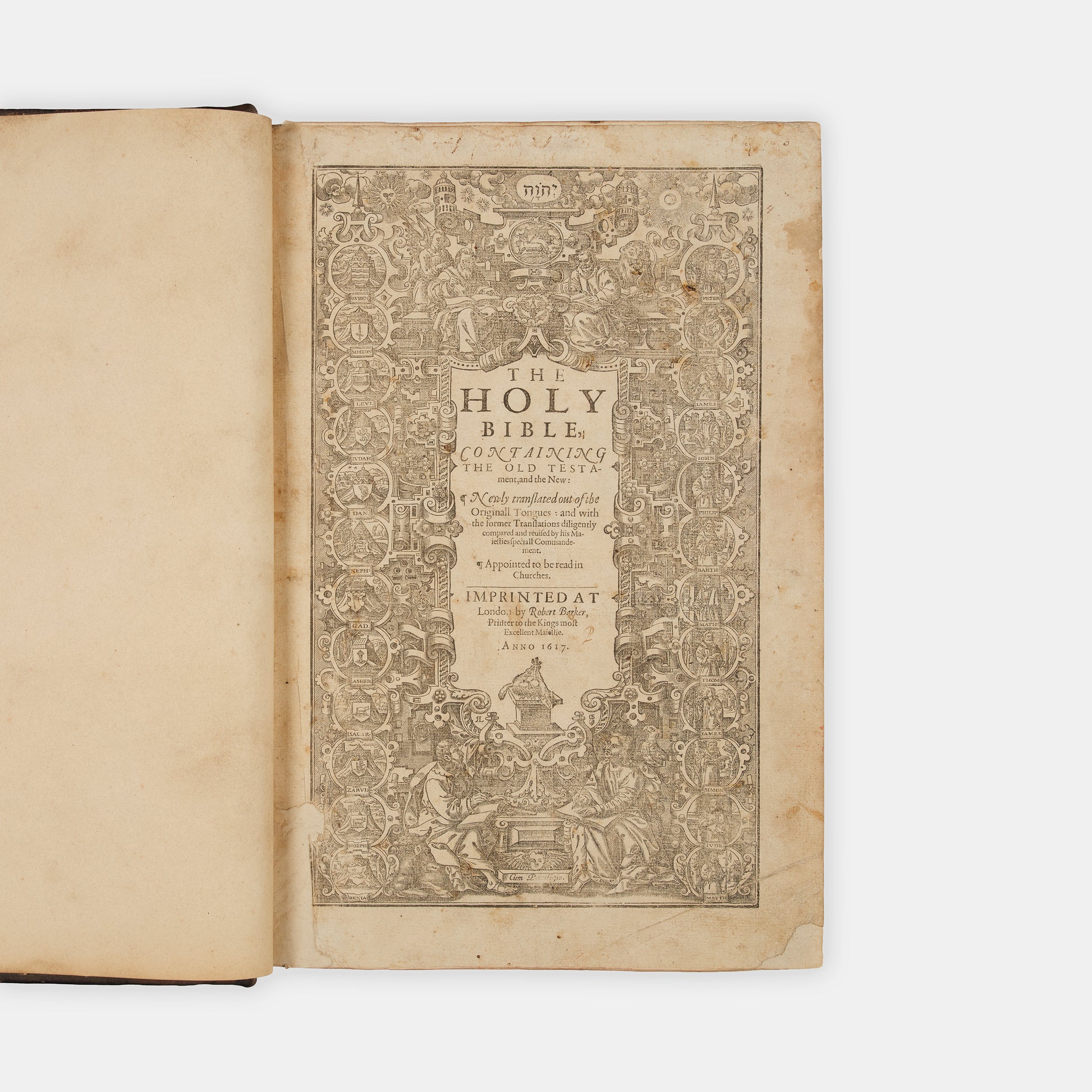 The first distinct folio edition of the King James Bible, complete in the contemporary blind-panelled calf binding with Speed's Genealogies, including his double-page map of Canaan