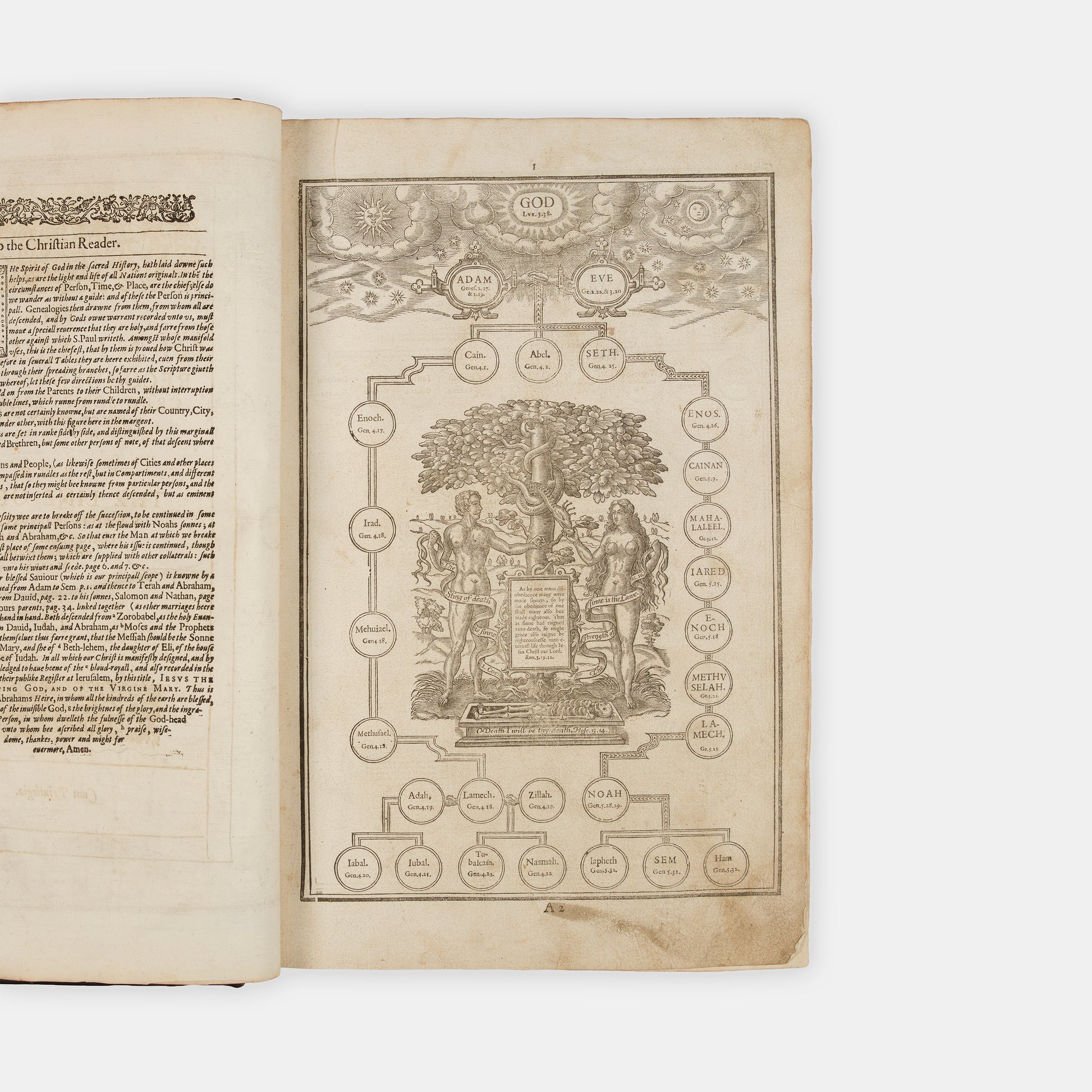 The first distinct folio edition of the King James Bible, complete in the contemporary blind-panelled calf binding with Speed's Genealogies, including his double-page map of Canaan