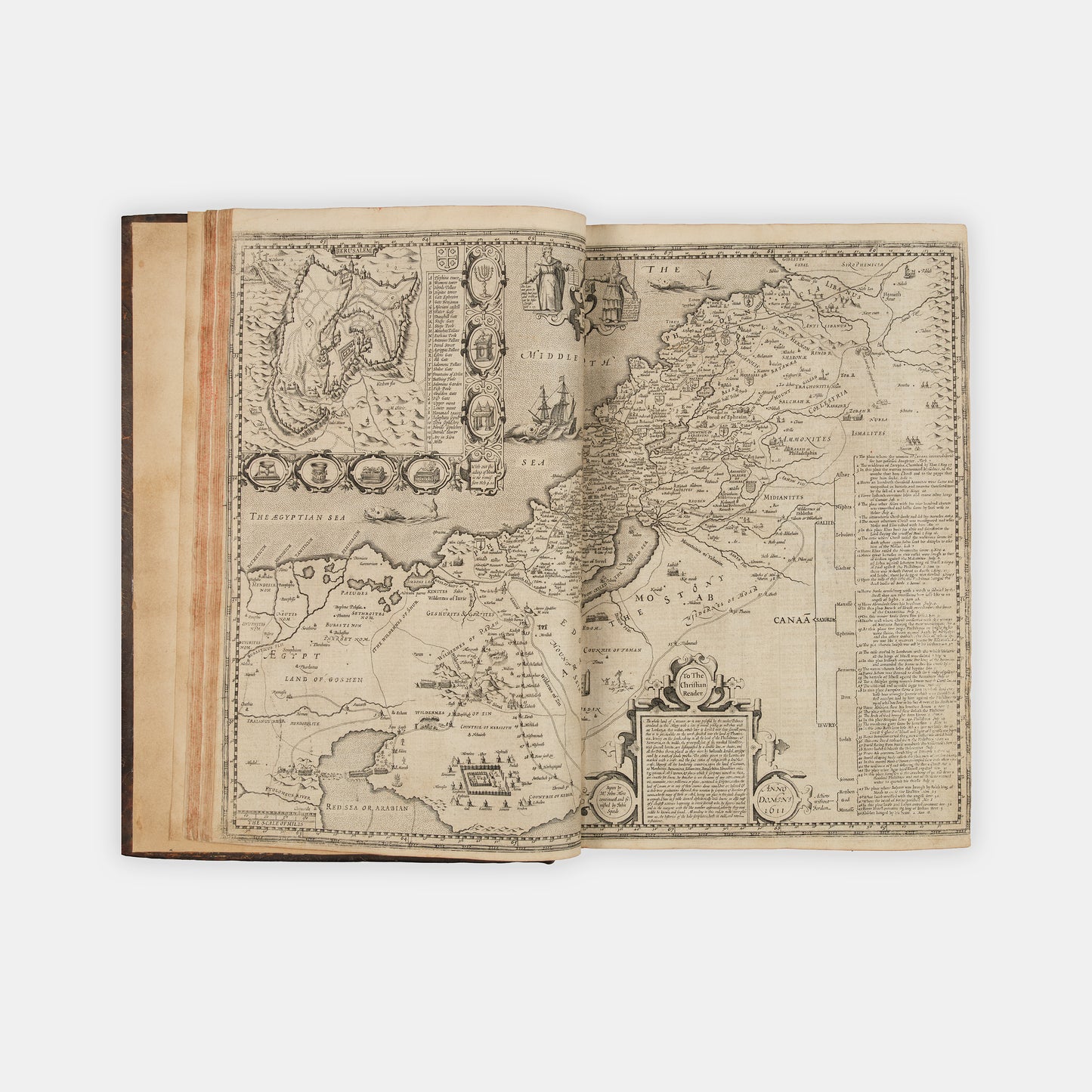 The first distinct folio edition of the King James Bible, complete in the contemporary blind-panelled calf binding with Speed's Genealogies, including his double-page map of Canaan