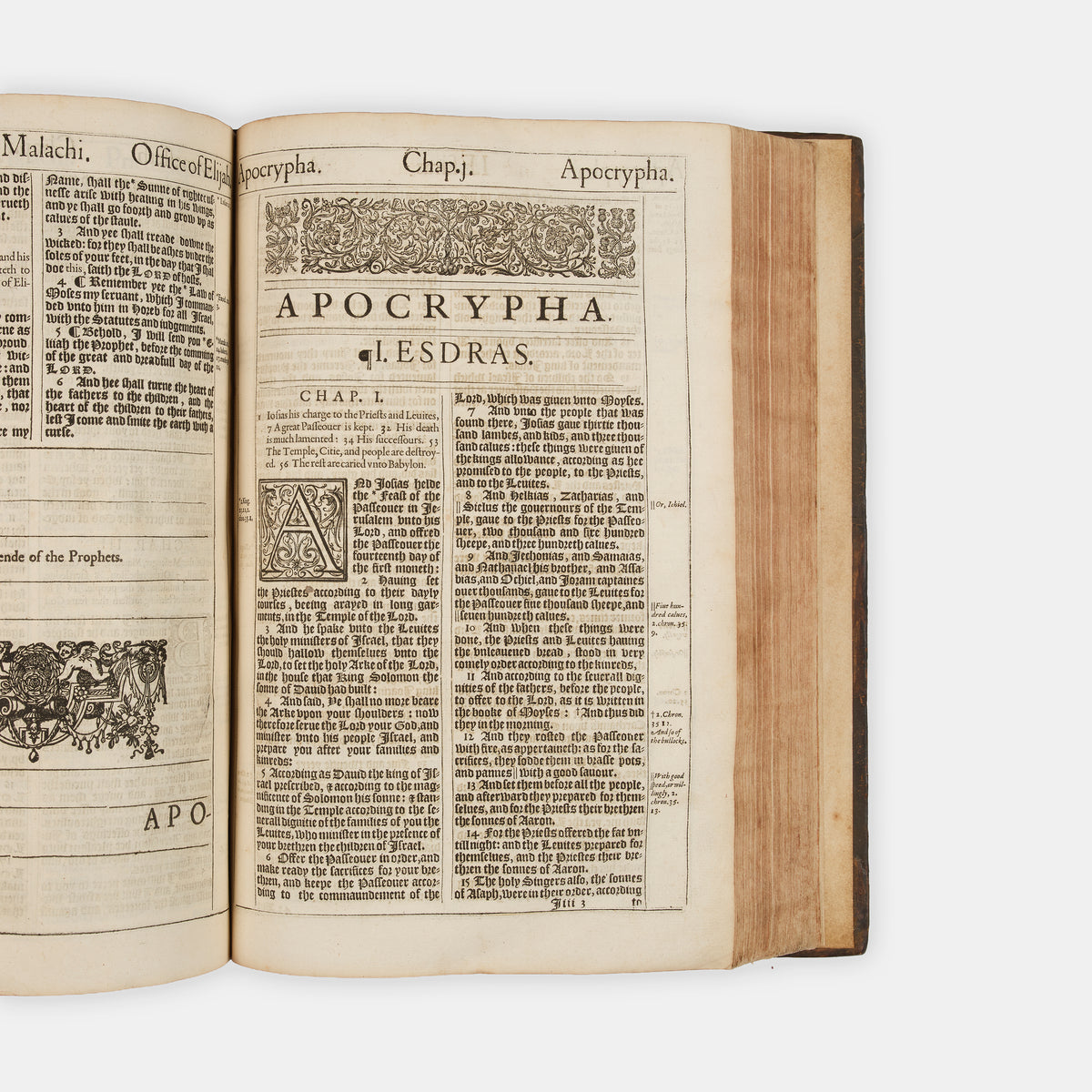 The first distinct folio edition of the King James Bible, complete in the contemporary blind-panelled calf binding with Speed's Genealogies, including his double-page map of Canaan