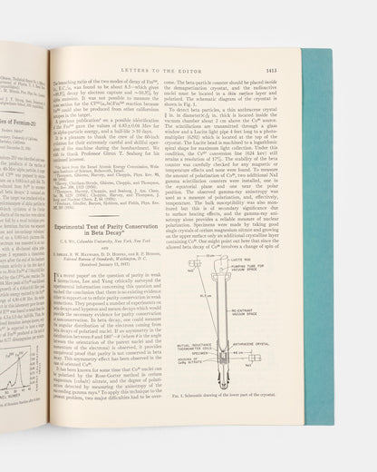 First edition, the journal issue of one of the most important experiments in the history of science, Chien-Shiung Wu's Experimental Test of Partiy Conservation in Beta Decay.