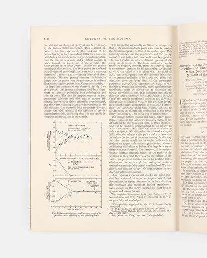 First edition, the journal issue of one of the most important experiments in the history of science, Chien-Shiung Wu's Experimental Test of Partiy Conservation in Beta Decay.