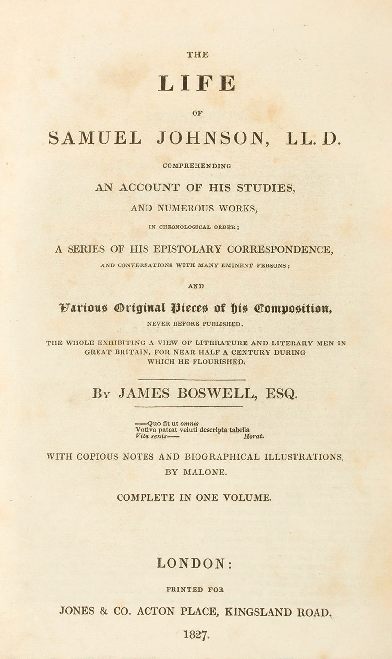 A fine copy of James Boswell's account of The Life of Samuel Johnson, a work often cited as the greatest biography in the English language. <br /><br />