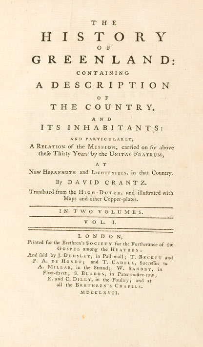 First edition of The History of Greenland by David Crantz, an important early history of Greenland, Inuits, and whaling.