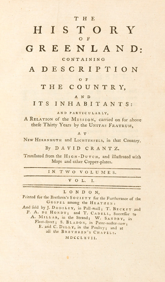 First edition of The History of Greenland by David Crantz, an important early history of Greenland, Inuits, and whaling.