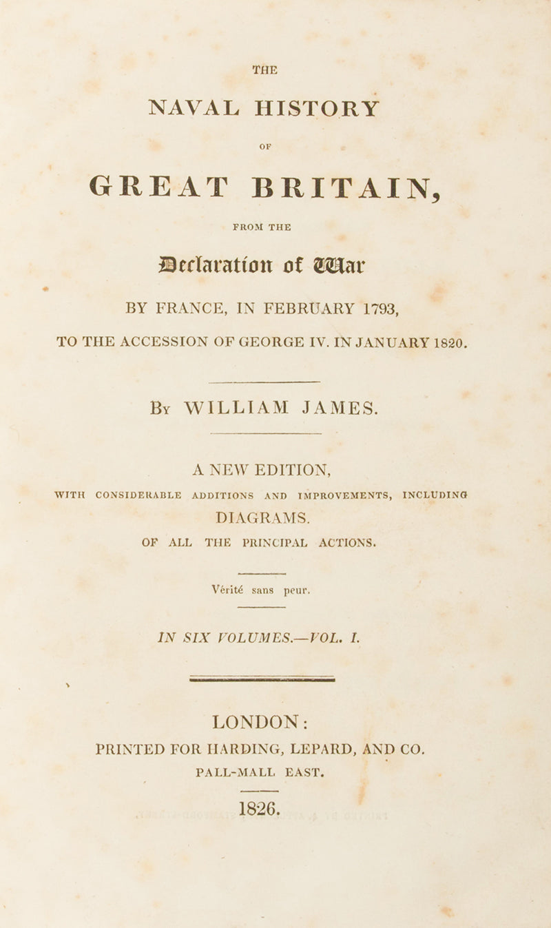 New edition of The Naval History of Great Britain by William James, a finely bound set of this classic of maritime history, recording every naval operation of the Napoleonic and American Wars.