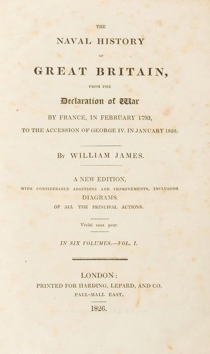 New edition of The Naval History of Great Britain by William James, a finely bound set of this classic of maritime history, recording every naval operation of the Napoleonic and American Wars.