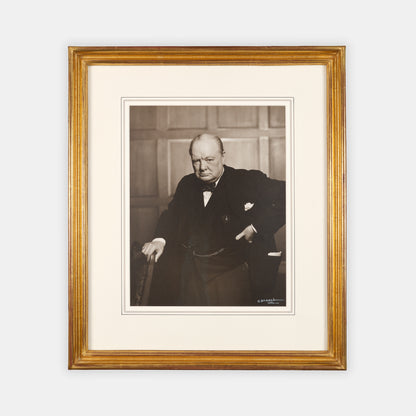 A black and white photograph by Yousaf Karsh of Winston Churchill, dubbed 'The Roaring Lion', signed by Karsh, one of the most iconic and enduring images of Churchill