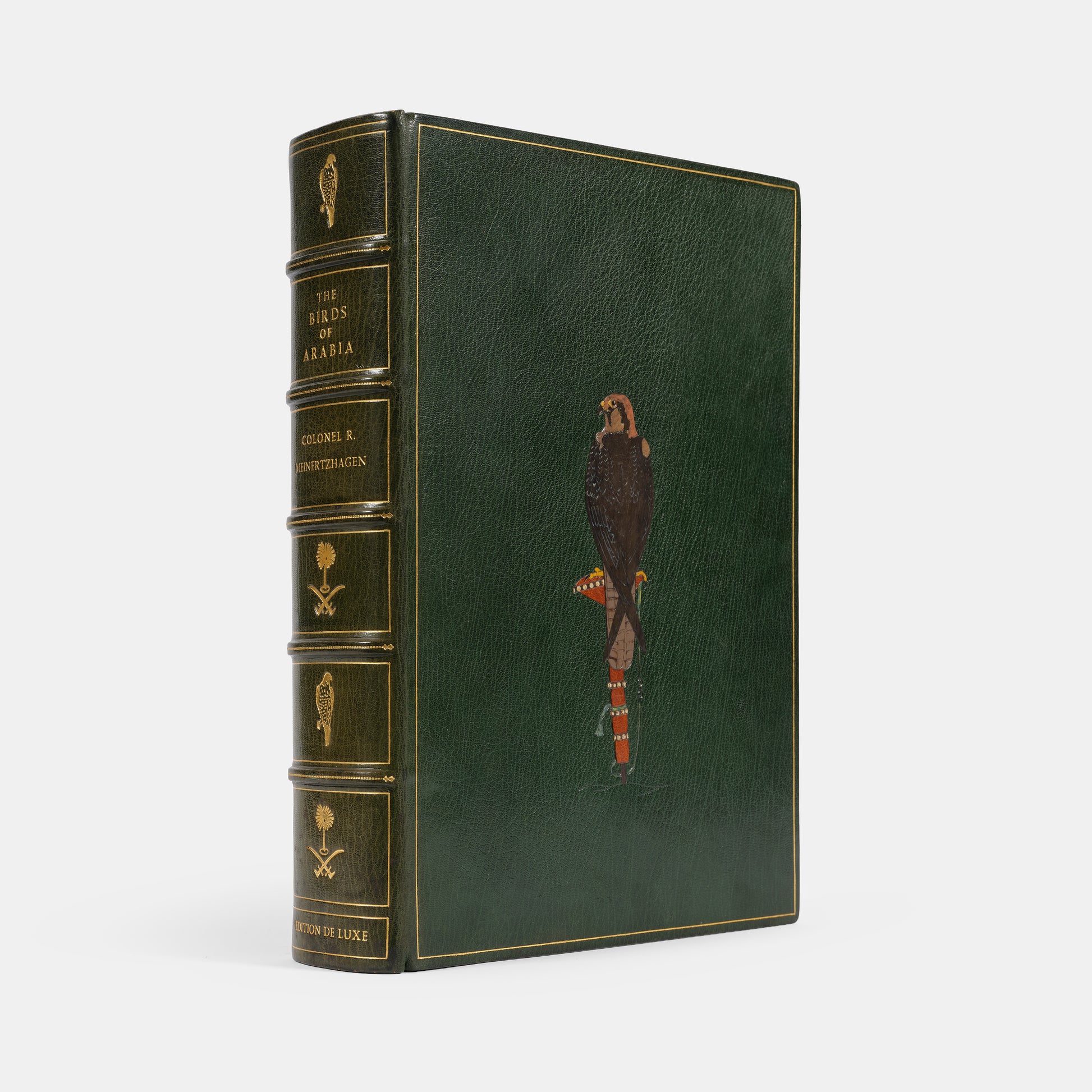 The edition deluxe of Birds of Arabia by Meinerthagen, one of ten specially bound copies with a unique bird of prey design to the front cover.