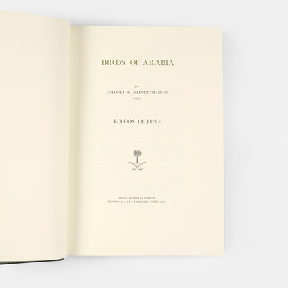 The edition deluxe of Birds of Arabia by Meinerthagen, one of ten specially bound copies with a unique bird of prey design to the front cover.