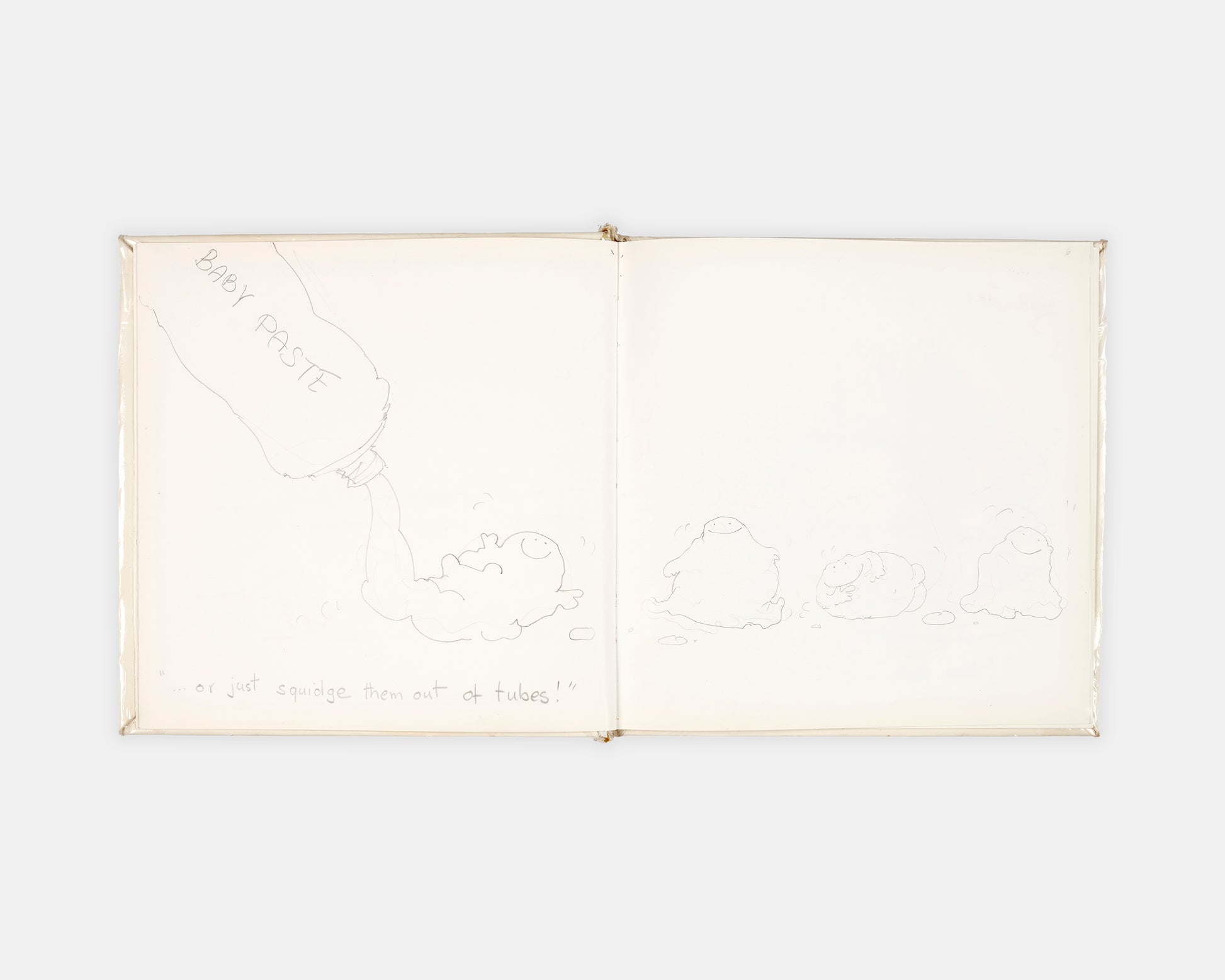A collection of original materials from the writing of Mummy Laid an Egg by Babette Cole, including the author's hand-drawn book dummy, correspondence with her publisher, and a copy of the first edition.