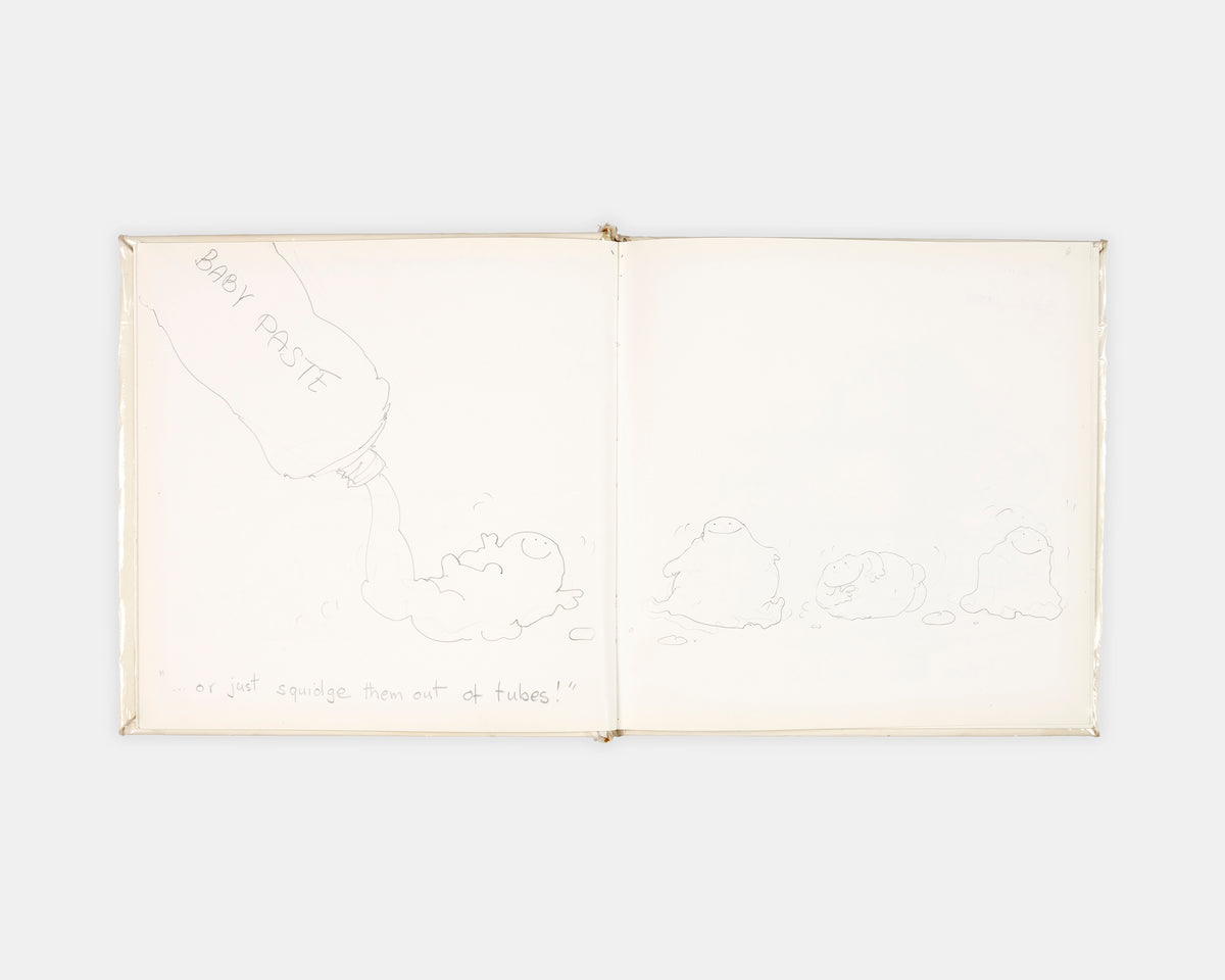 A collection of original materials from the writing of Mummy Laid an Egg by Babette Cole, including the author's hand-drawn book dummy, correspondence with her publisher, and a copy of the first edition.