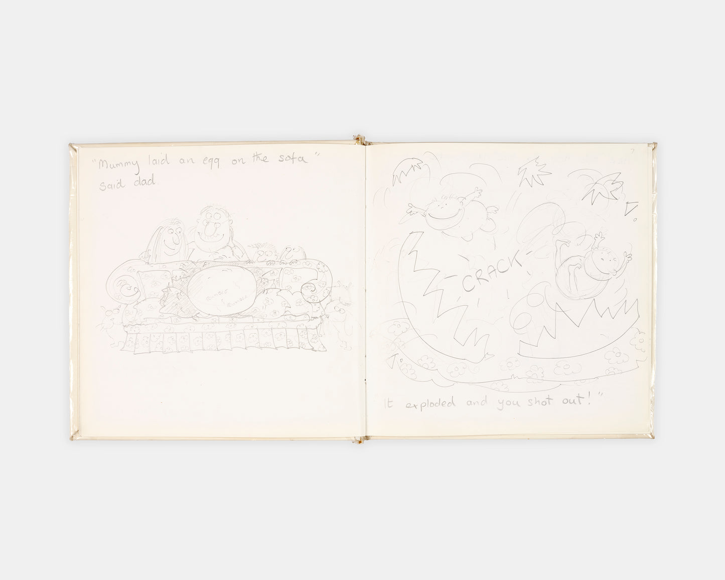 A collection of original materials from the writing of Mummy Laid an Egg by Babette Cole, including the author's hand-drawn book dummy, correspondence with her publisher, and a copy of the first edition.