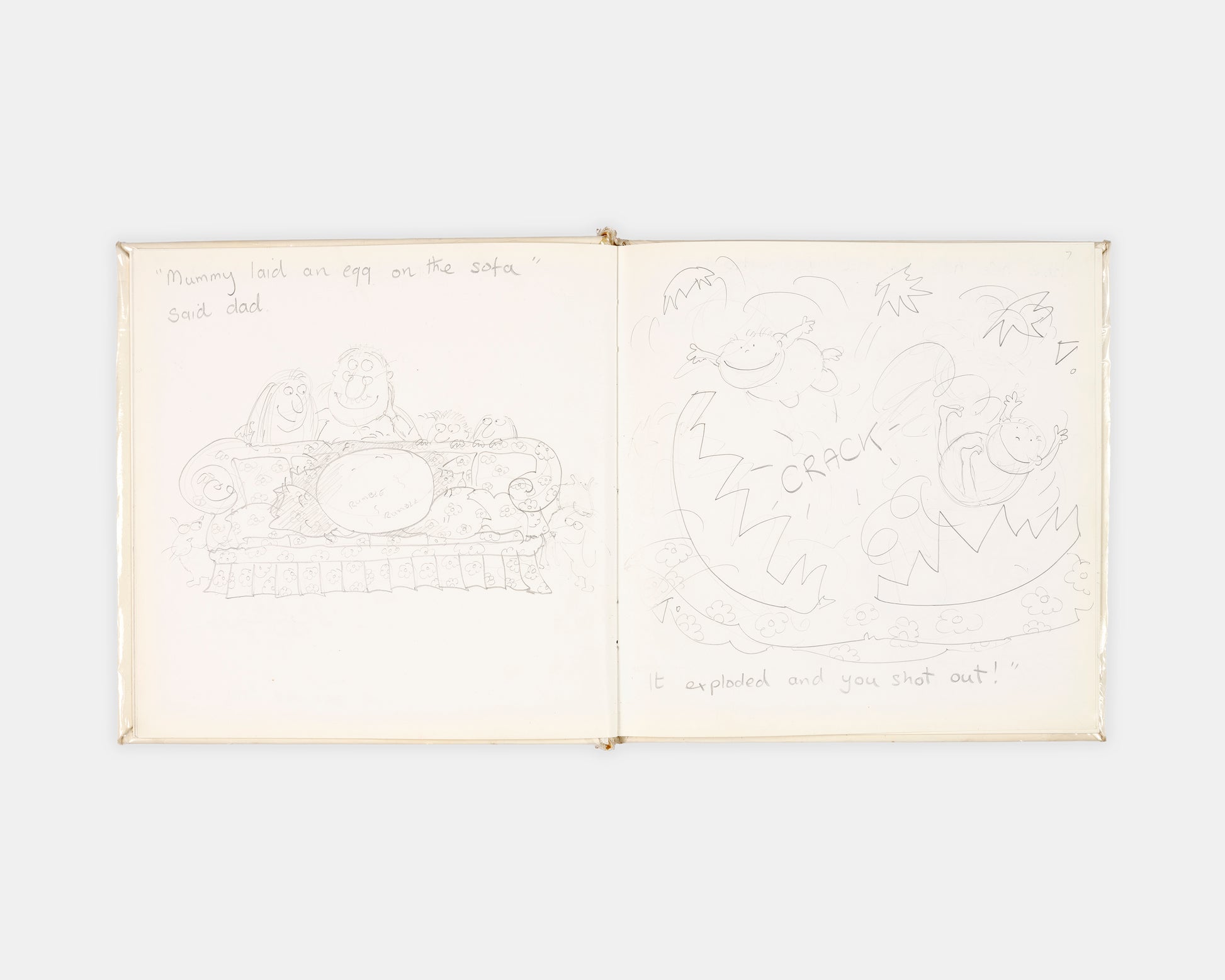 A collection of original materials from the writing of Mummy Laid an Egg by Babette Cole, including the author's hand-drawn book dummy, correspondence with her publisher, and a copy of the first edition.