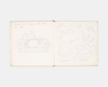 A collection of original materials from the writing of Mummy Laid an Egg by Babette Cole, including the author's hand-drawn book dummy, correspondence with her publisher, and a copy of the first edition.