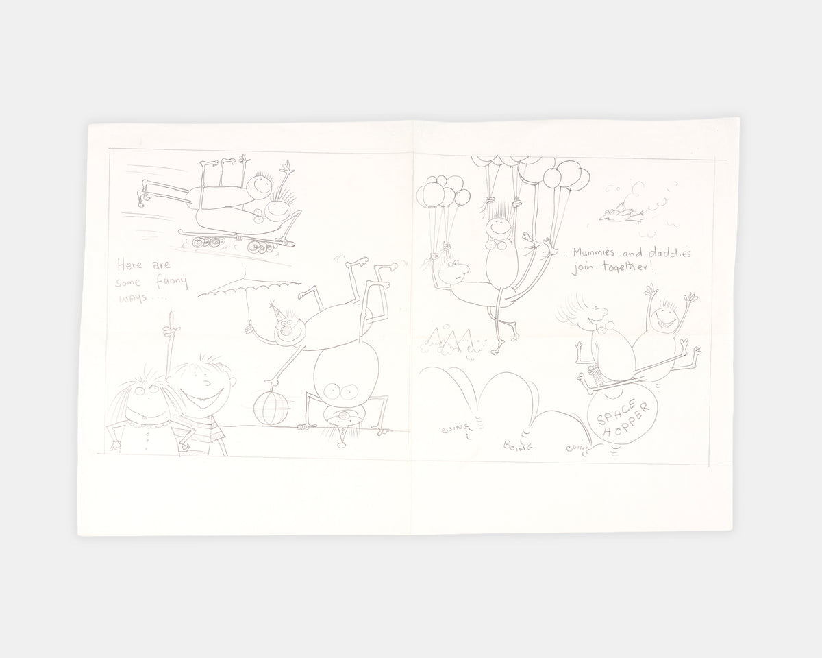 A collection of original materials from the writing of Mummy Laid an Egg by Babette Cole, including the author's hand-drawn book dummy, correspondence with her publisher, and a copy of the first edition.