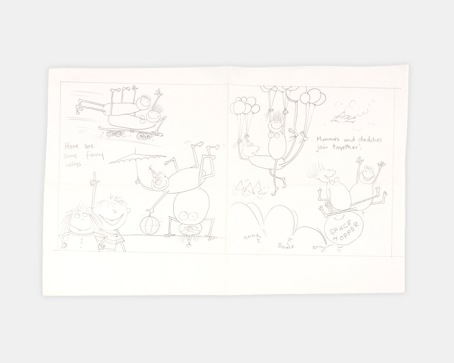 A collection of original materials from the writing of Mummy Laid an Egg by Babette Cole, including the author's hand-drawn book dummy, correspondence with her publisher, and a copy of the first edition.