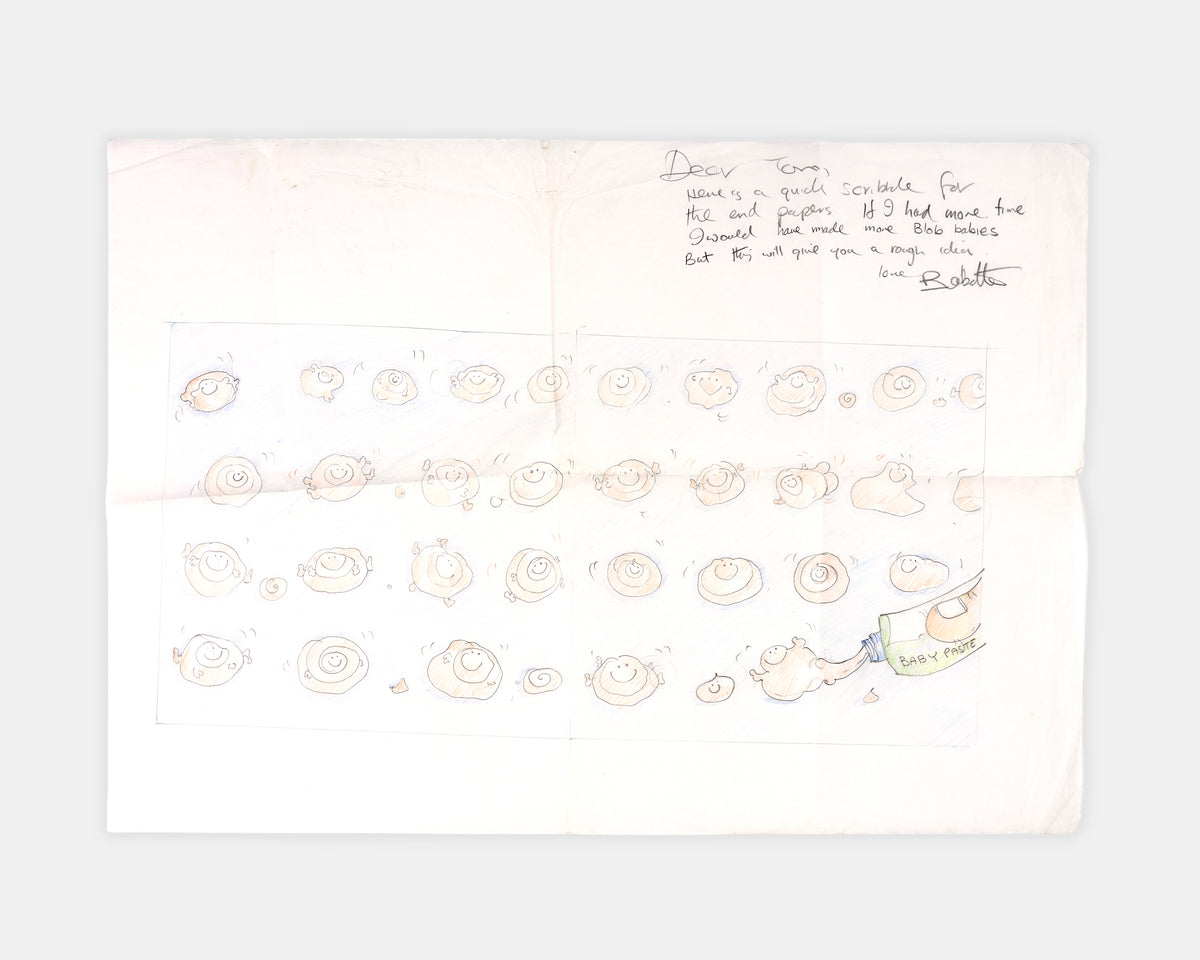 A collection of original materials from the writing of Mummy Laid an Egg by Babette Cole, including the author's hand-drawn book dummy, correspondence with her publisher, and a copy of the first edition.