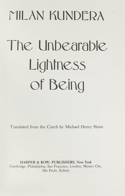 First American edition of The Unbearable Lightness of Being by Milan Kundera.