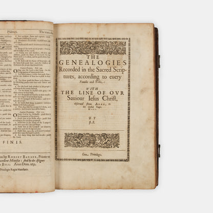 A very well preserved folio King James Bible bound with Speed's Genealogies and map of Canaan, The Book of Common Prayer, and Sternhold and Hopkins' Pslames