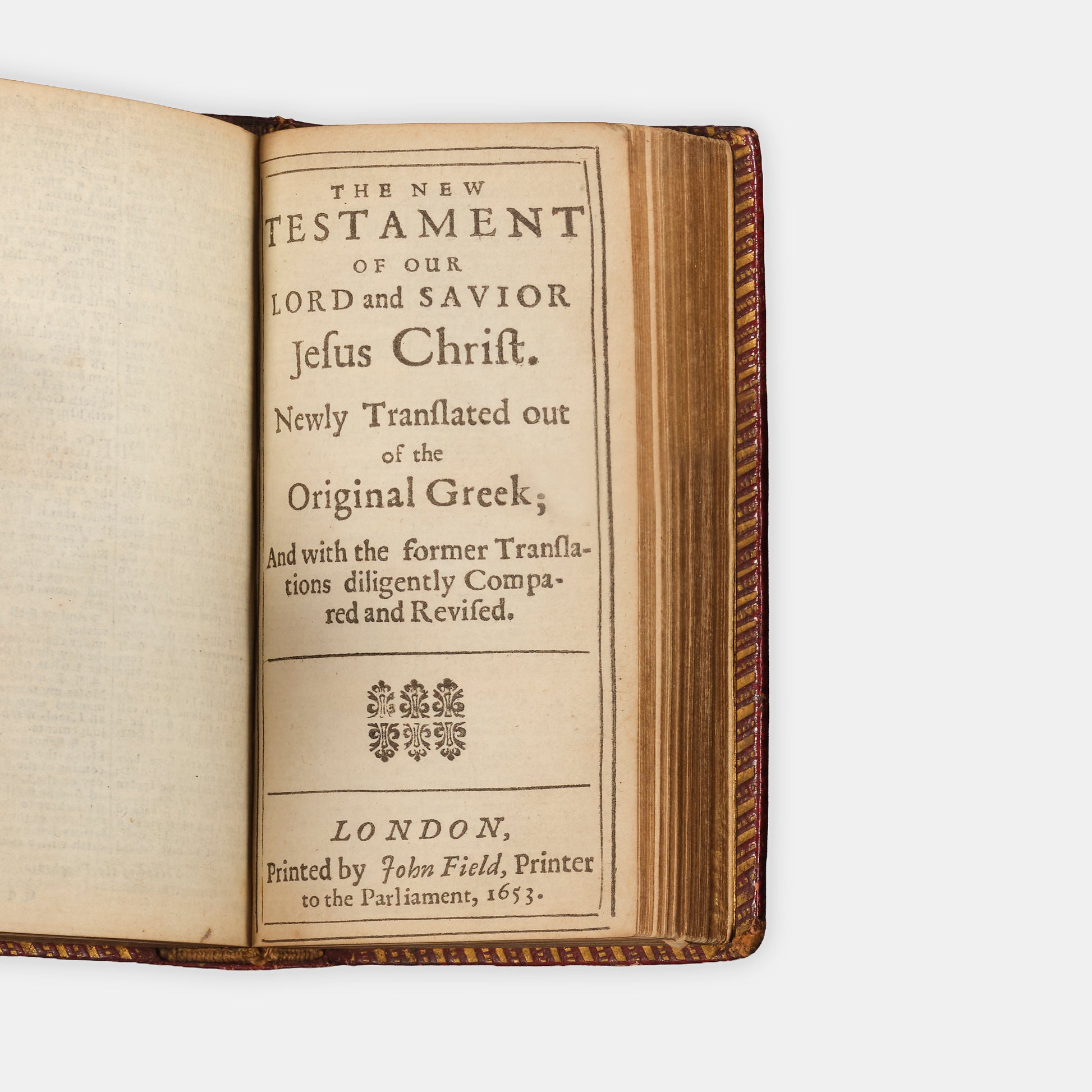 A finely bound example of the Pearl Bible in contemporary red morocco, so named for its small size