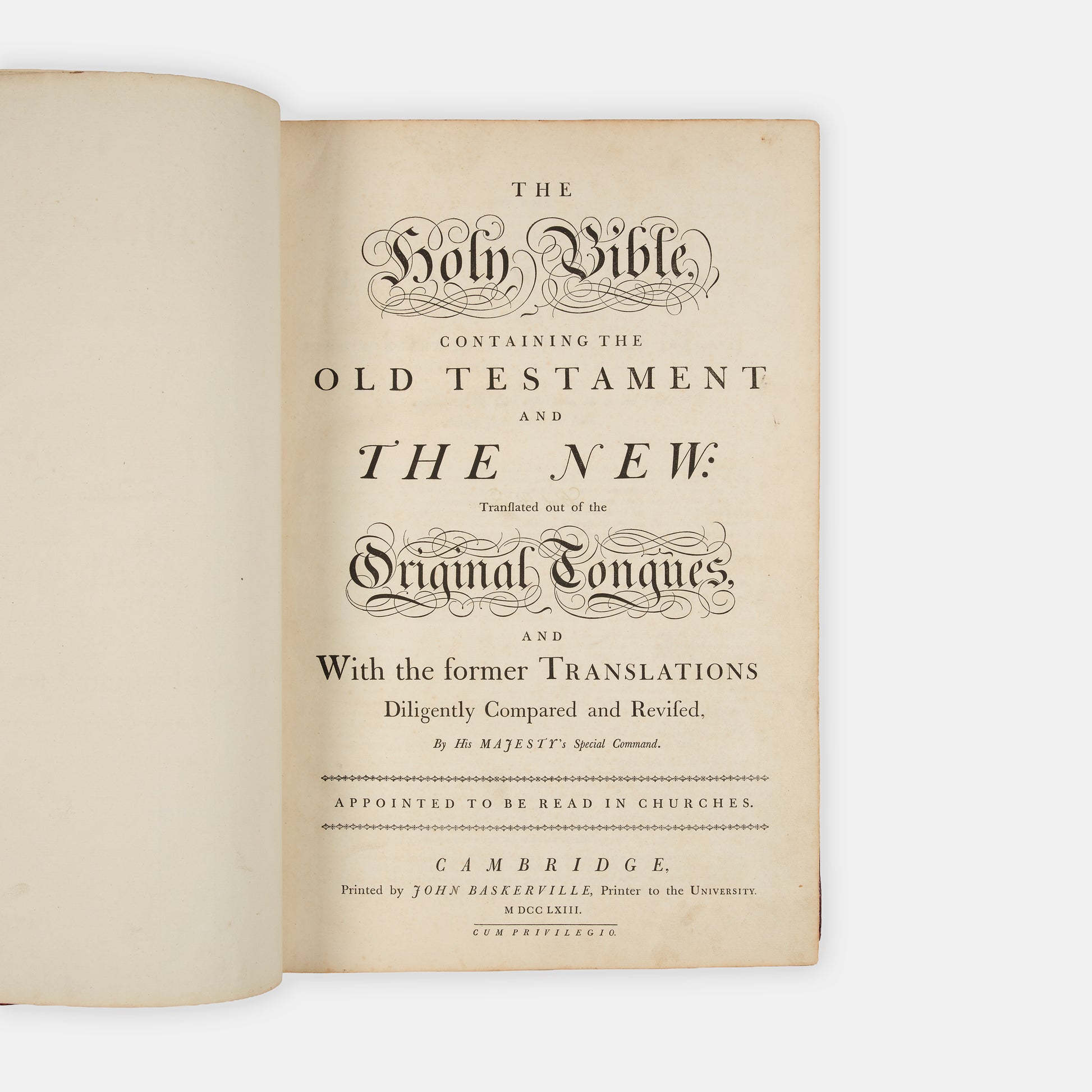 The first edition, first state of John Baskerville's magnum opus, The Holy Bible, printed in Cambridge in 1763