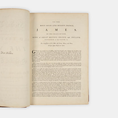 The first edition, first state of John Baskerville's magnum opus, The Holy Bible, printed in Cambridge in 1763