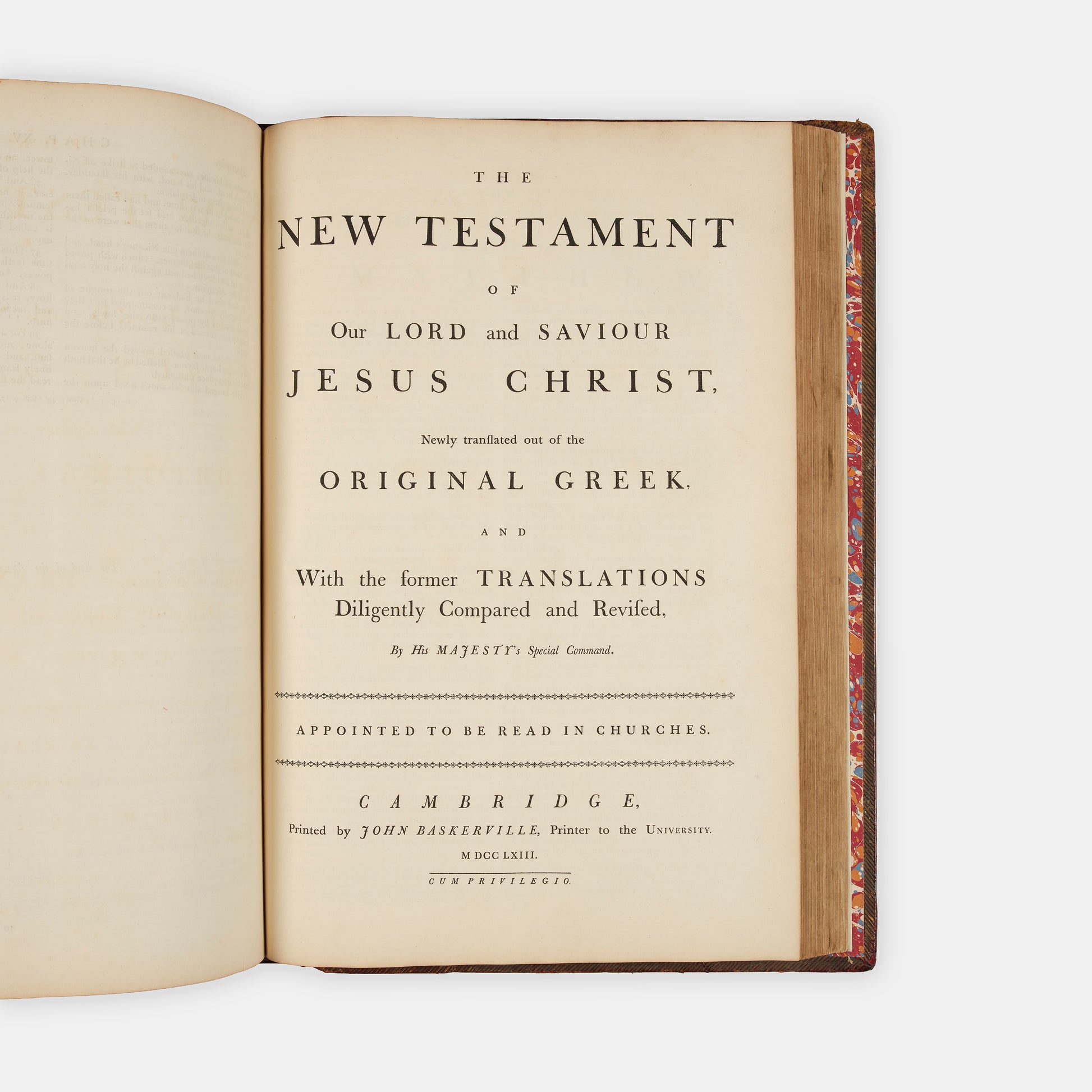 The first edition, first state of John Baskerville's magnum opus, The Holy Bible, printed in Cambridge in 1763