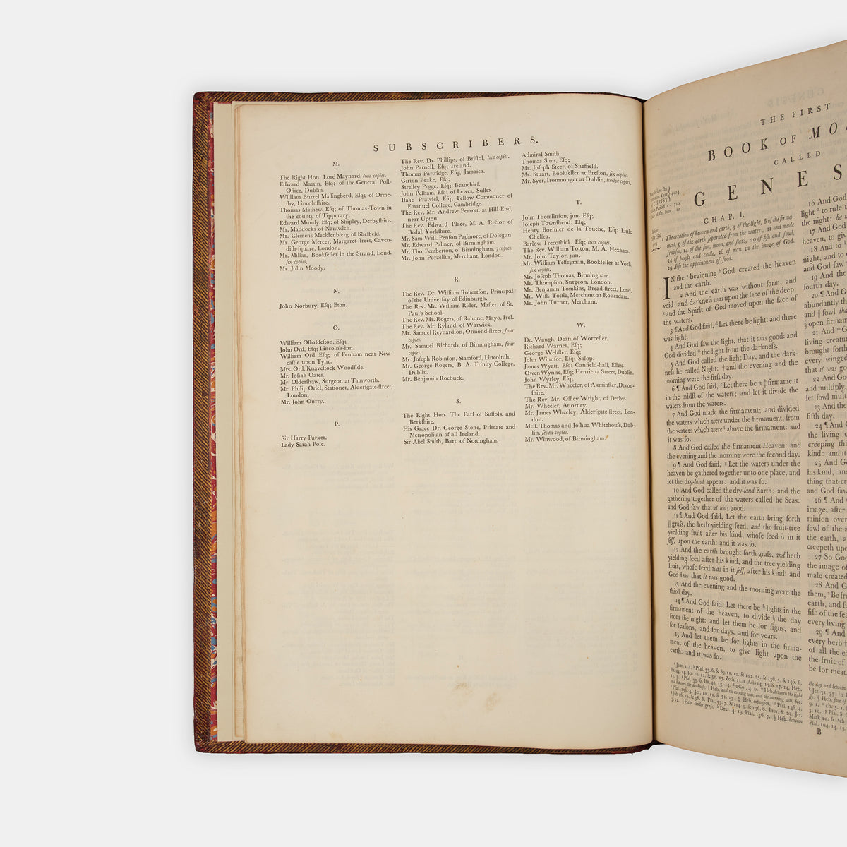 The first edition, first state of John Baskerville's magnum opus, The Holy Bible, printed in Cambridge in 1763