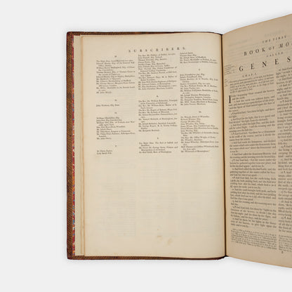 The first edition, first state of John Baskerville's magnum opus, The Holy Bible, printed in Cambridge in 1763