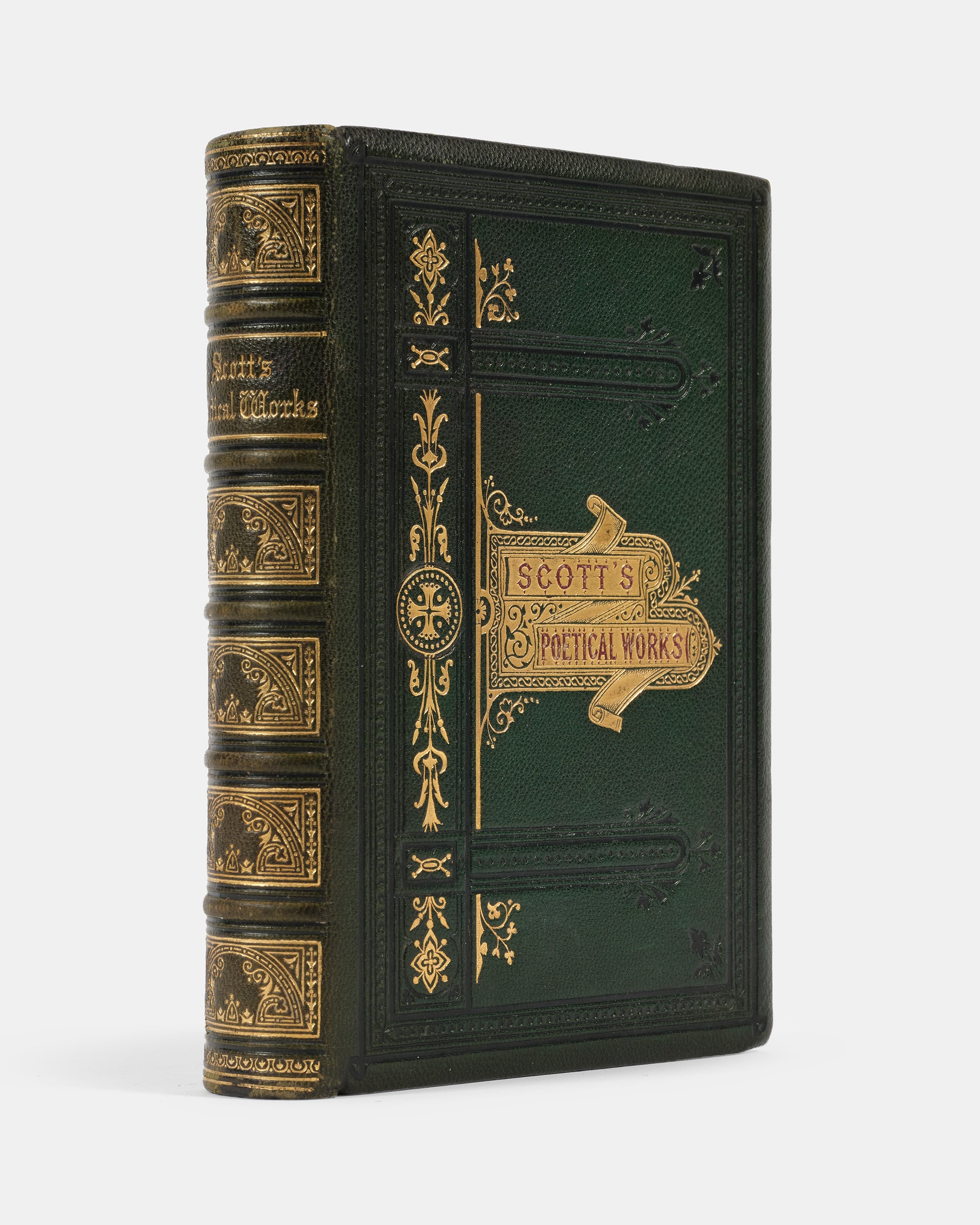 A handsome collection of Sir Walter Scott's Poetical Works, containing an account of his life, as well as six full-page steel engravings in black and white. 