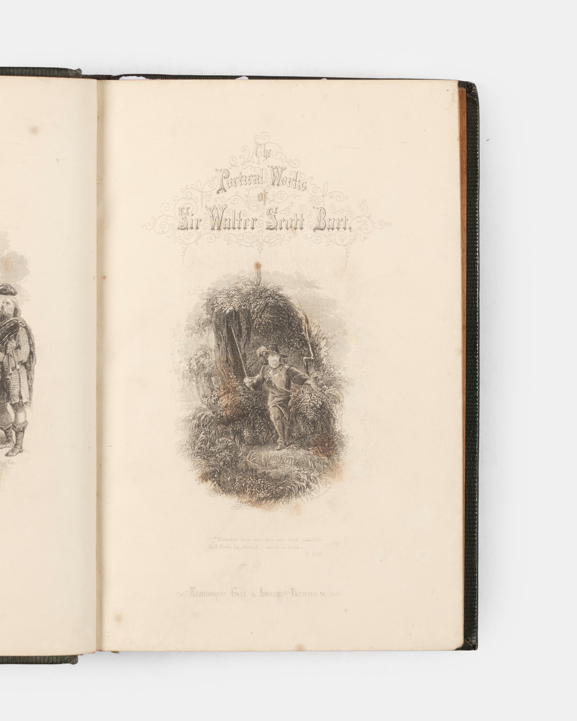 A handsome collection of Sir Walter Scott's Poetical Works, containing an account of his life, as well as six full-page steel engravings in black and white. 