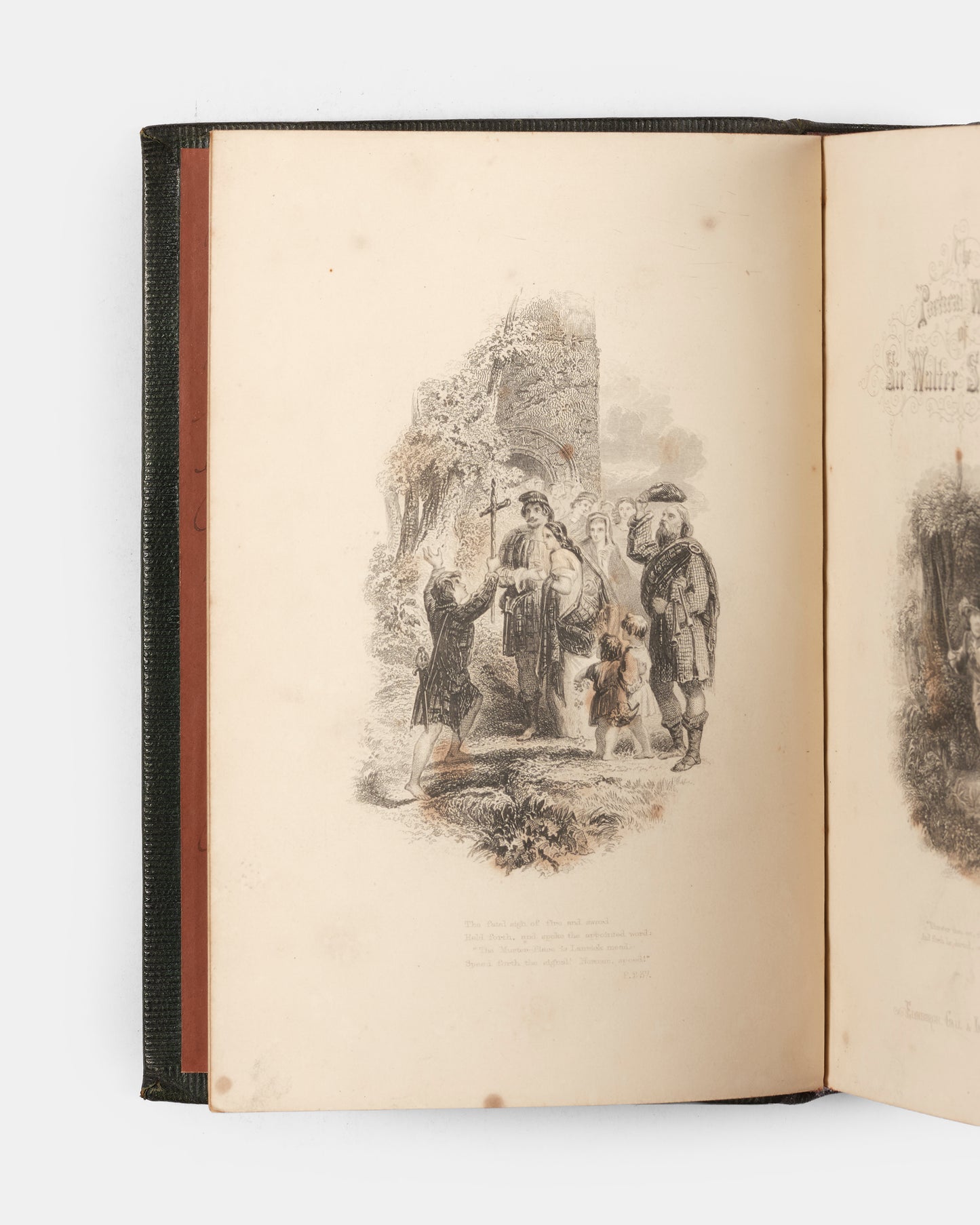 A handsome collection of Sir Walter Scott's Poetical Works, containing an account of his life, as well as six full-page steel engravings in black and white. 