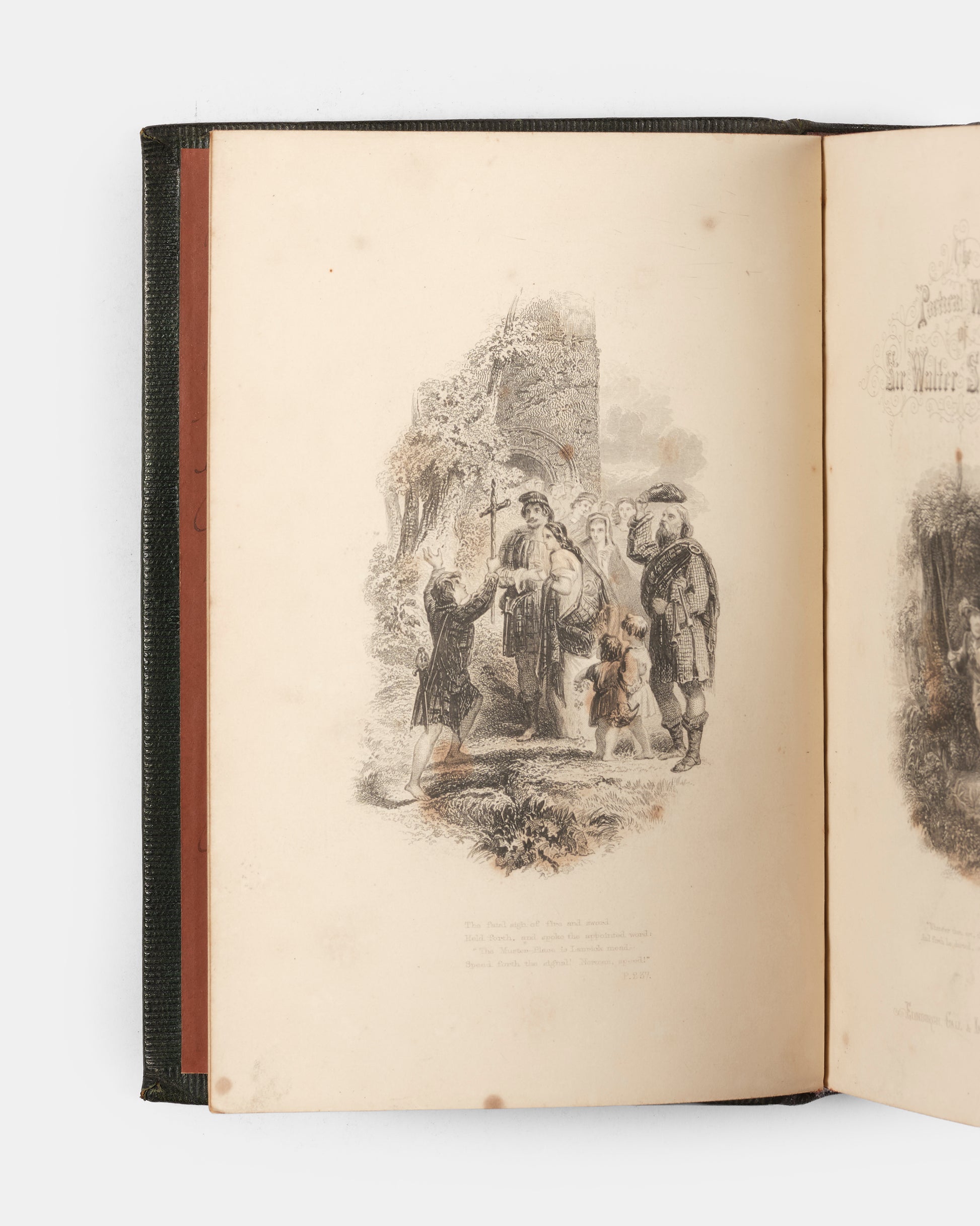 A handsome collection of Sir Walter Scott's Poetical Works, containing an account of his life, as well as six full-page steel engravings in black and white. 