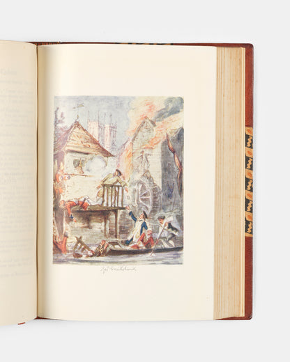 Finely bound by Sansorski and Sutcliffe, this first edition of Cruikshank's Water Colours contains fully illustrated versions of Charles Dickens' Oliver Twist, William Ainsworth's The Miser's Daughter, as well as both W.H Maxwell's History of the Irish Rebellion in 1798 & Emmett's Insurrection in 1803.