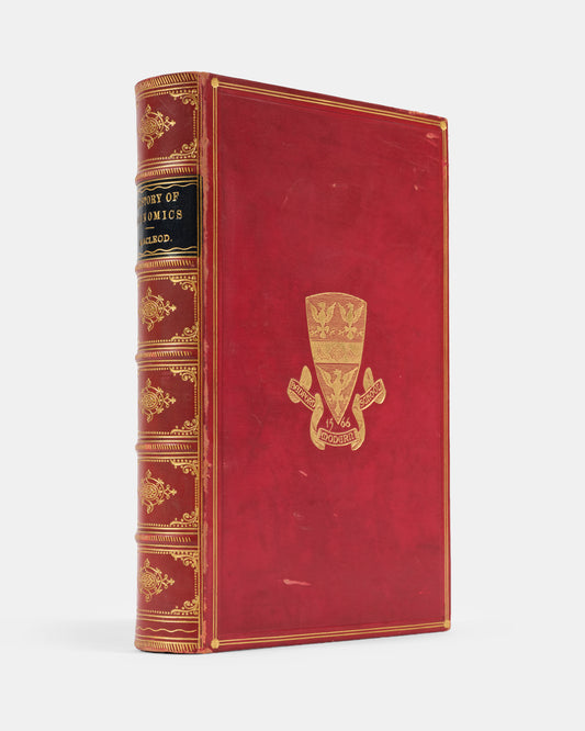 A scarce first edition of Henry Dunning Macleod's History of Economics bound in full red calf for the Bradford Modern School. 