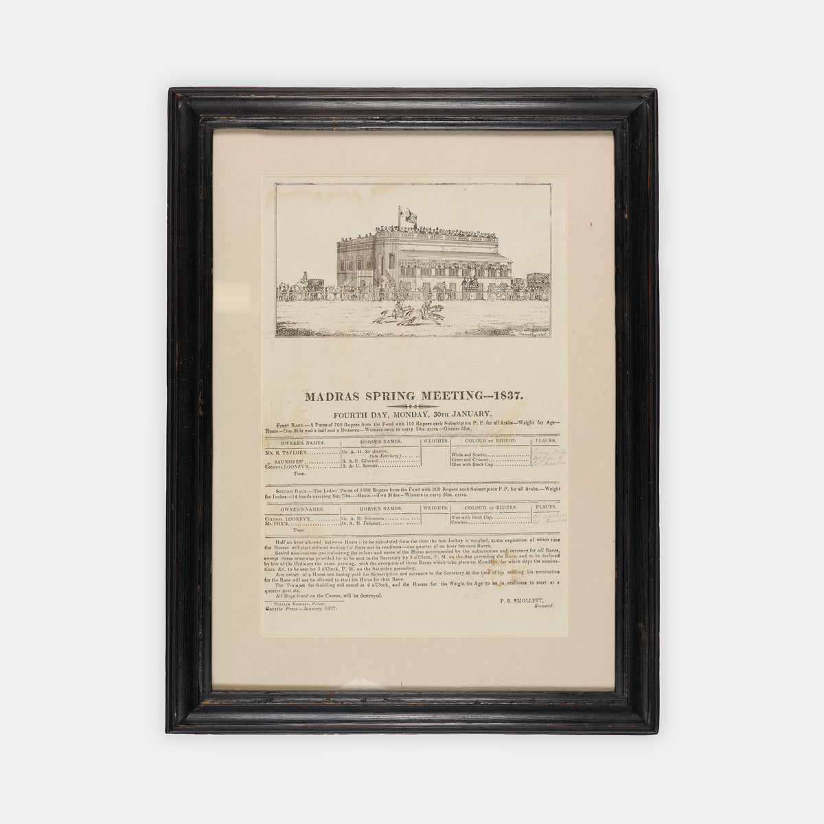 A Madras (Chennai) printed sheet advertising a horse race held at the Madras Race Club at Guindy on the 30th of January, 1837, illustrated by William Hunsley.
