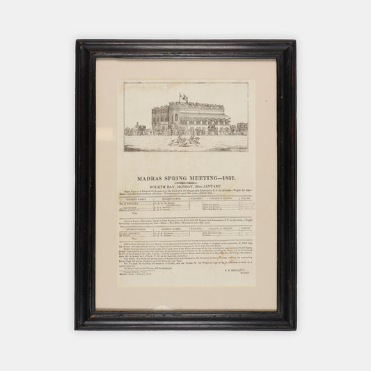 A Madras (Chennai) printed sheet advertising a horse race held at the Madras Race Club at Guindy on the 30th of January, 1837, illustrated by William Hunsley.