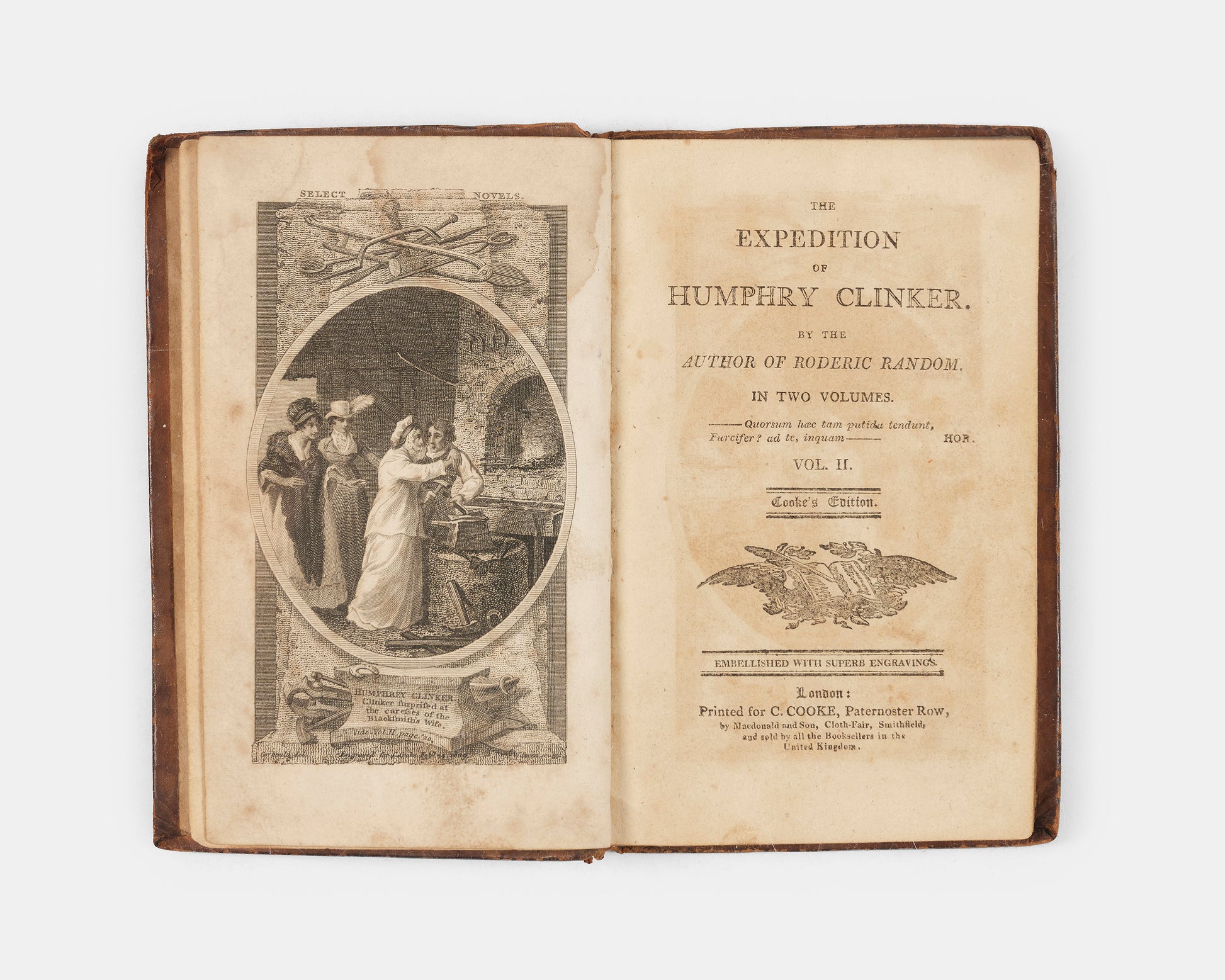 A pocket-sized 'Cooke Edition' of The Expedition of Humphry Clinker by Tobias Smollett, embellished with six black and white plates across two volumes. 