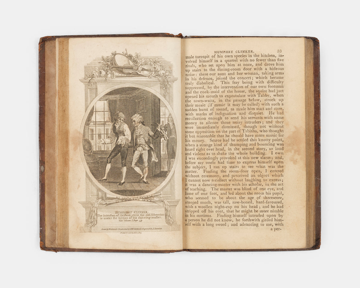 A pocket-sized 'Cooke Edition' of The Expedition of Humphry Clinker by Tobias Smollett, embellished with six black and white plates across two volumes. 