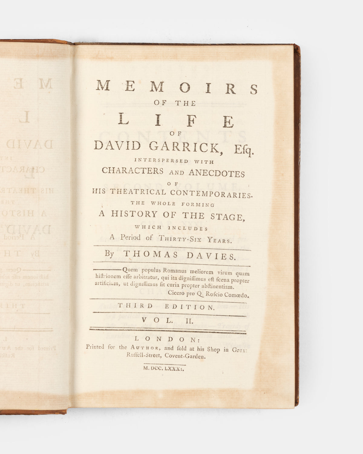 A third edition in two volumes containing an intimate look at the life of David Garrick (1717–1779), the seminal English actor, playwright, and theatre manager who revolutionised the London stage. 