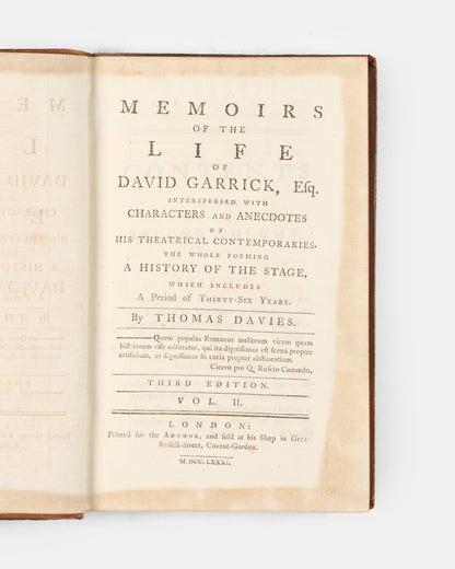 A third edition in two volumes containing an intimate look at the life of David Garrick (1717–1779), the seminal English actor, playwright, and theatre manager who revolutionised the London stage. 